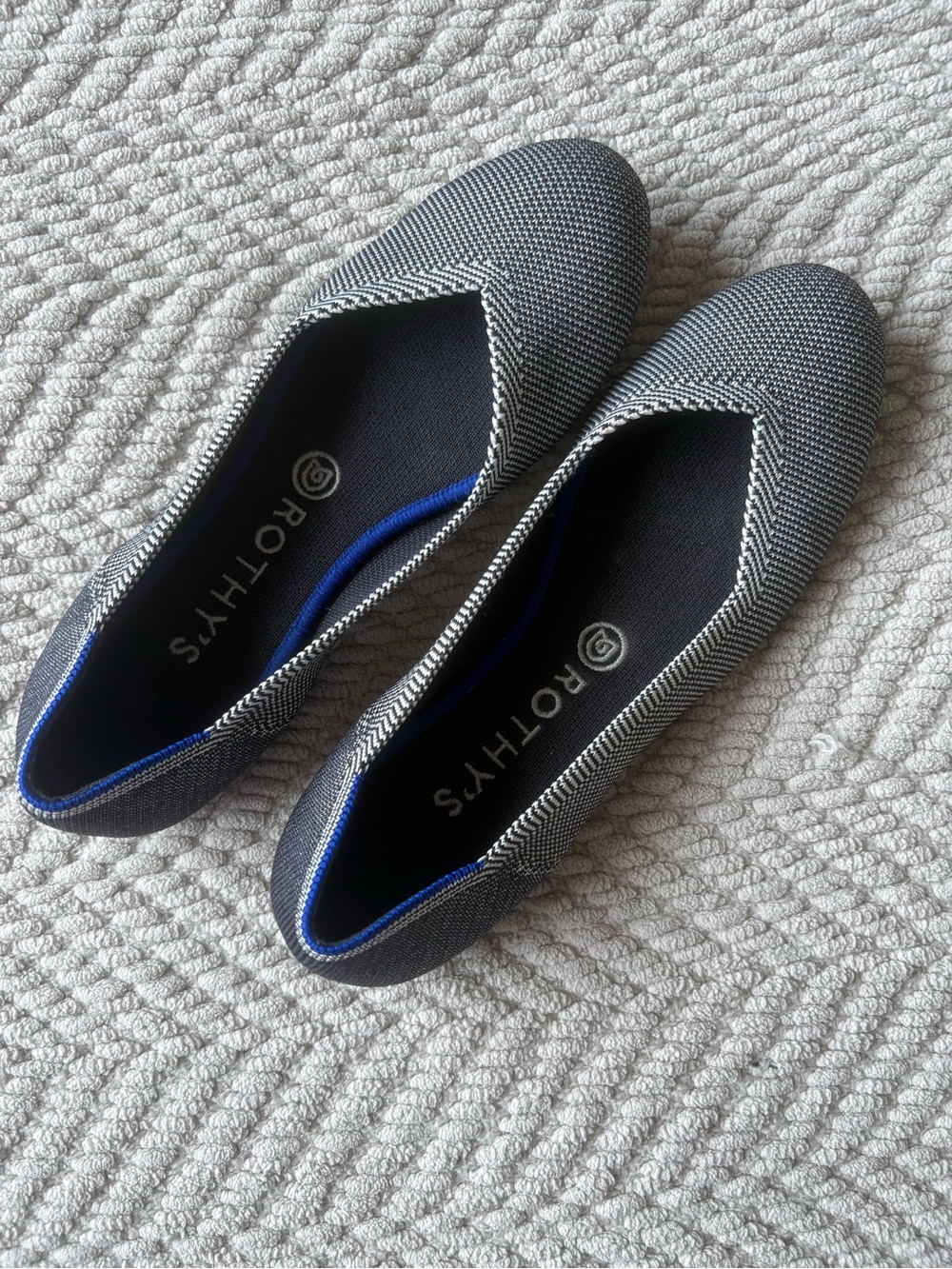 Rothy's Black and White Knit Slip-On Loafers with Blue Trim